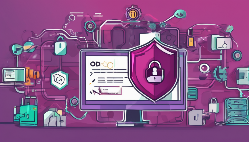 Odoo Security Hardening for Production - Comprehensive infographic of 10 security practices including RBAC, MFA, and encryption for ERP servers
