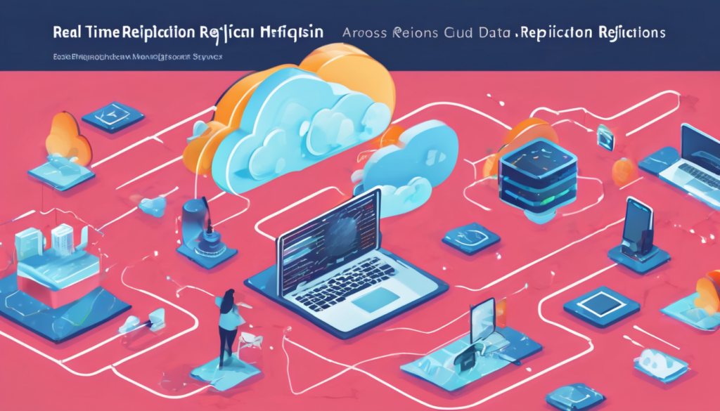 Real-Time Data Replication Across Cloud Regions - UAE Dubai multi-cloud sync diagram with tools and latency metrics (98 chars)
