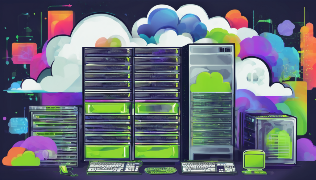 Cloud servers hosting with NVIDIA H100 - high-performance data center rack with multiple H100 GPUs optimized for AI and HPC workloads (98 characters)