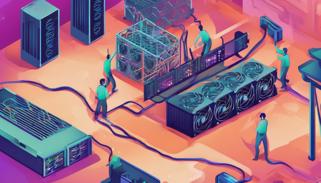 How to Setup GPU Mining Rig on Dedicated Server - RTX 4090 GPUs mounted on risers with server PSUs connected for high-hashrate crypto mining (98 characters)