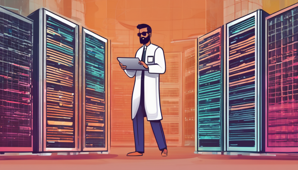 Server administration use cases - UAE Dubai server room with cooling systems and compliance dashboards for 2026 operations